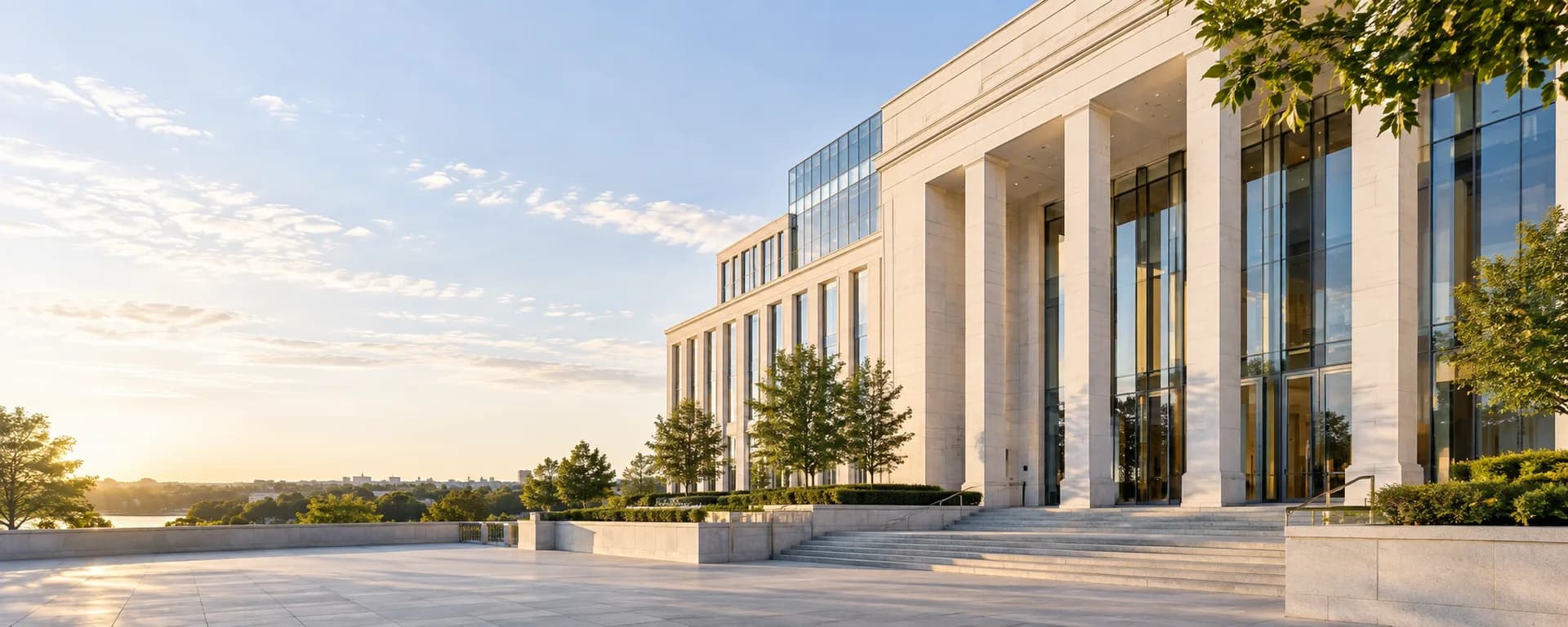 Contemporary civic and corporate architecture in warm morning light